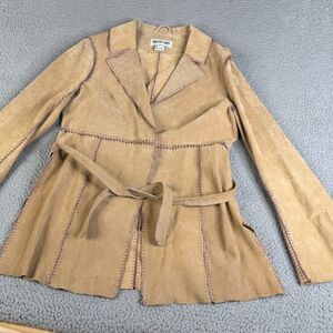 VINTAGE PASSPORT Leather Jacket  Womens S Tan Suede Belted Blazer Stitched Boho